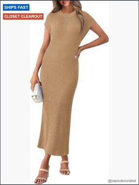Ribbed Knit Cap Sleeve Crewneck Maxi Dress Casual Spring Summer